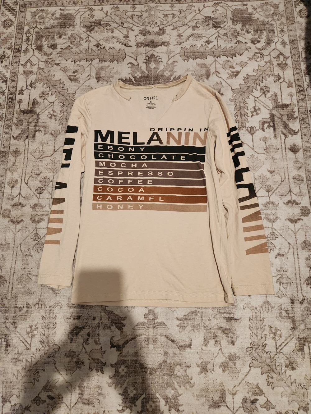 On Fire Cream Long Sleeve 'Melanin' Graphic Tee with Brown and Black Accents